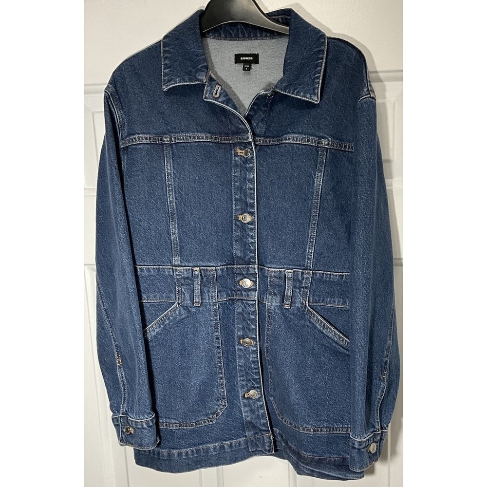 EXPRESS Dark Wash Peplum Long Denim Jacket/Skirt Belted Pockets Women's Small